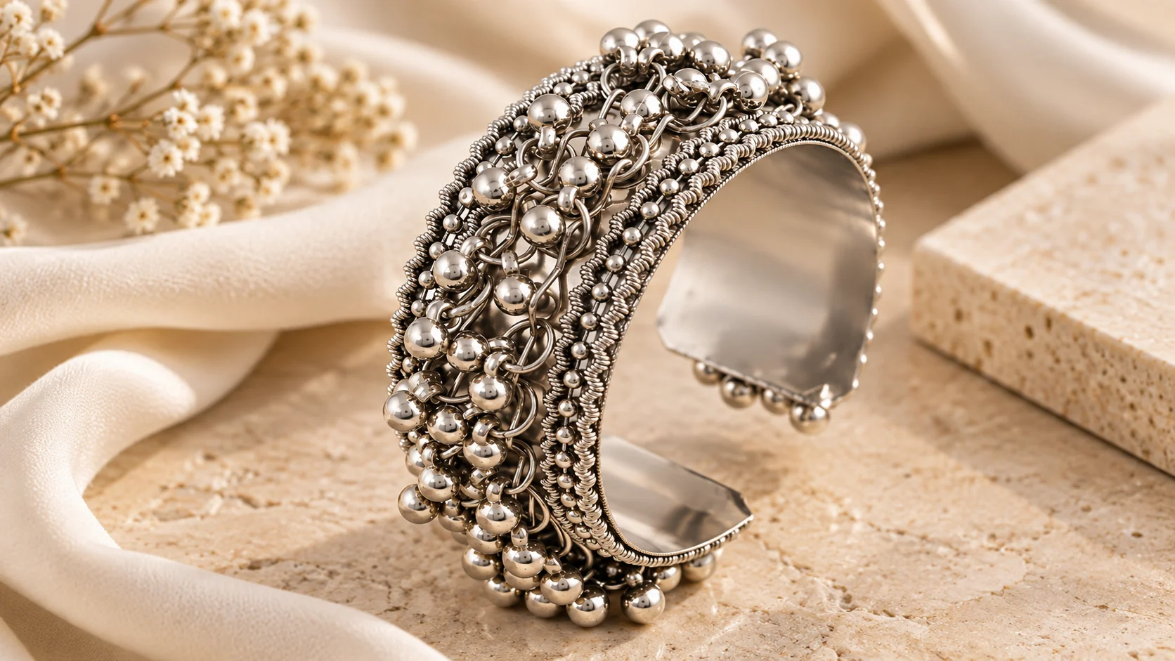 Ornate silver-tone statement cuff bracelet with rounded bead-like and linked detailing displayed in an elegant jewellery editorial setting.