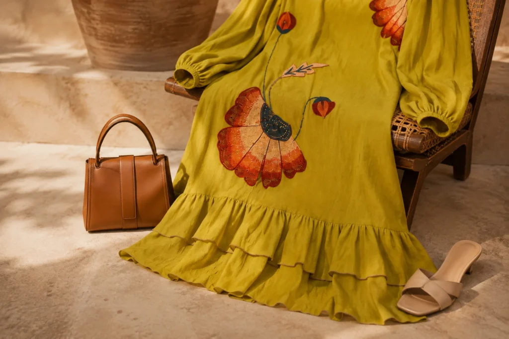 Yellow-green floral statement dress paired with a restrained warm-toned accessory and neutral footwear for styling inspiration.