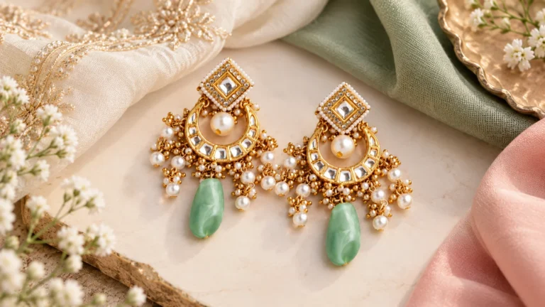 Statement earrings beside ivory, blush and muted green styling tones for elegant jewellery colour-pairing inspiration.