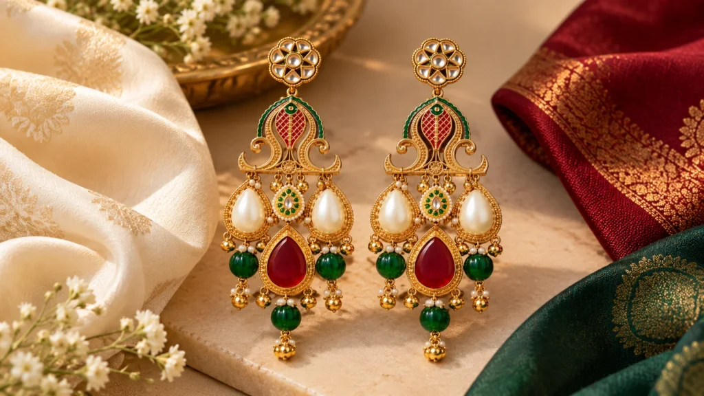 Statement earrings beside ivory, burgundy and deep green styling cues for elegant colour pairing inspiration.