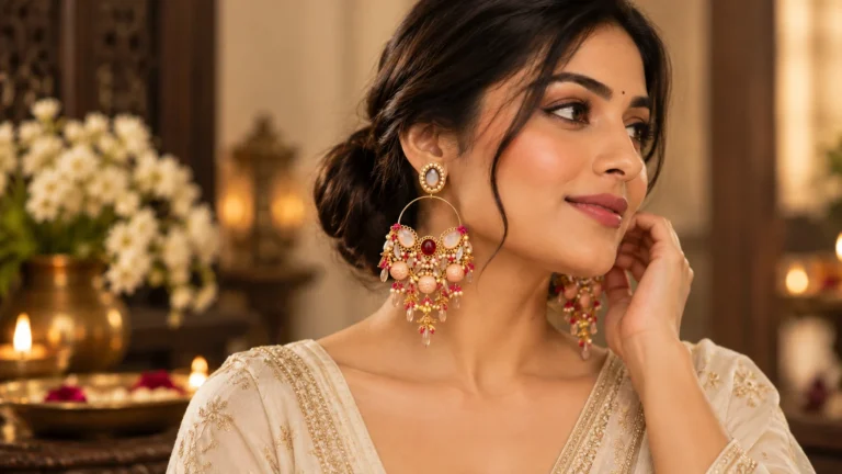 Woman wearing colourful statement earrings with an ivory outfit and low bun to keep the jewellery visually prominent.