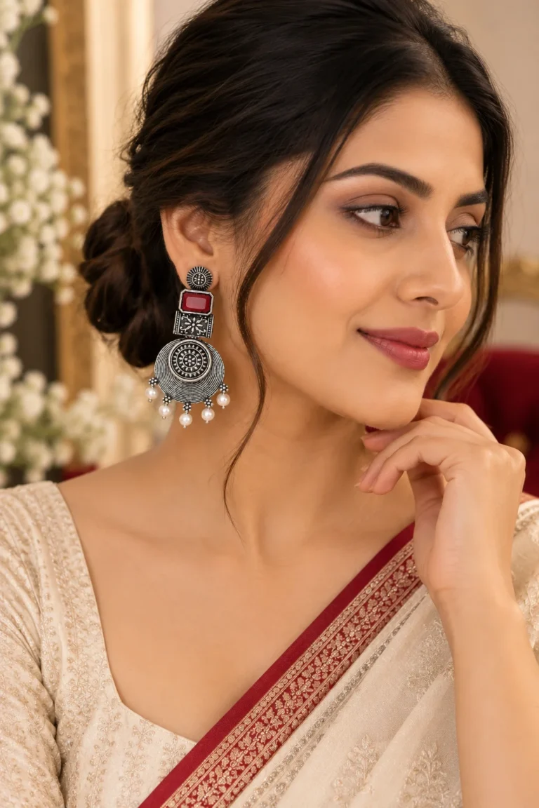 Woman styling ornate statement earrings with a neutral ethnic outfit and subtle red accent.