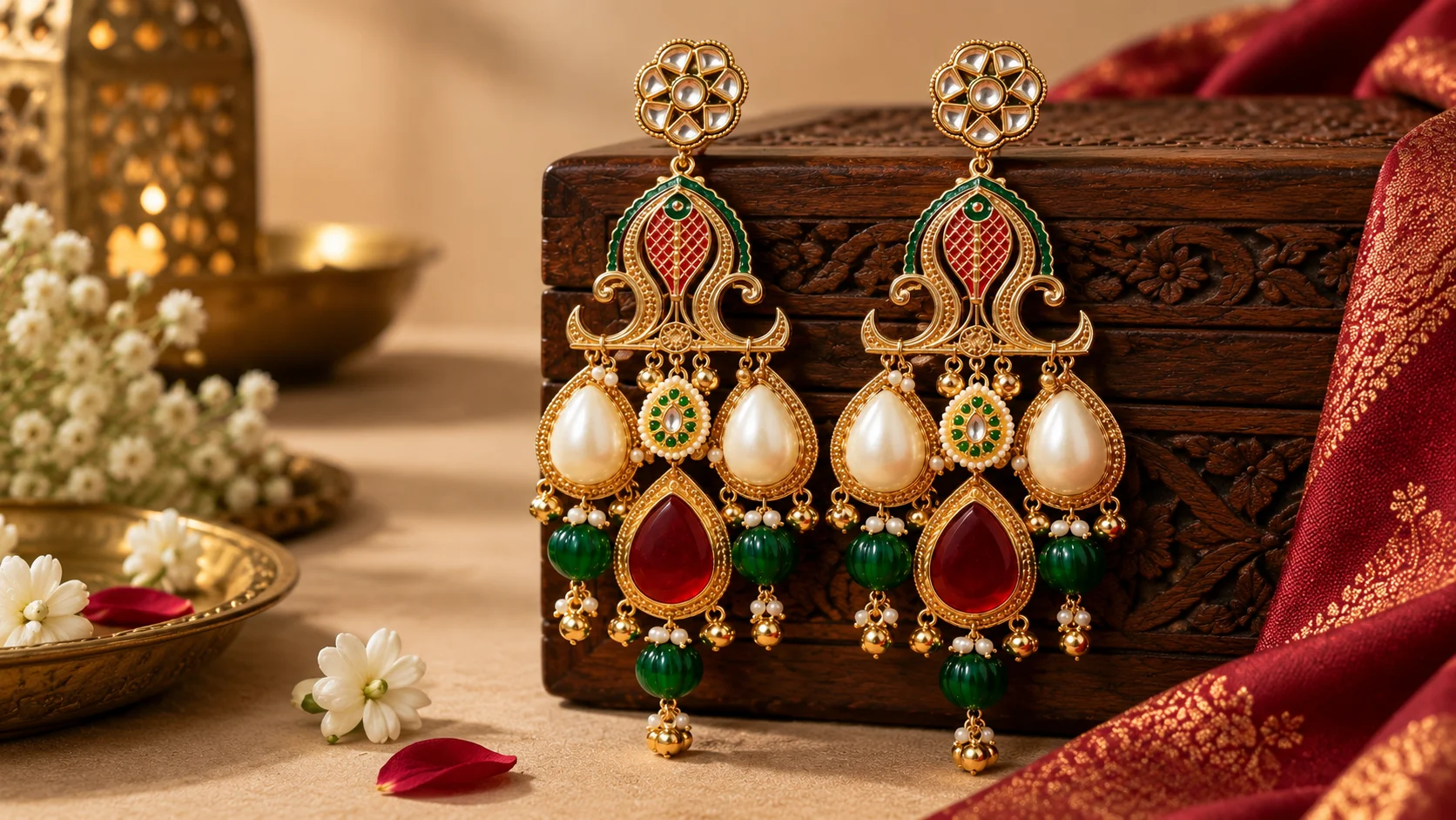 Ornate red, green and golden-toned statement earrings styled for elegant festive and occasion jewellery inspiration.