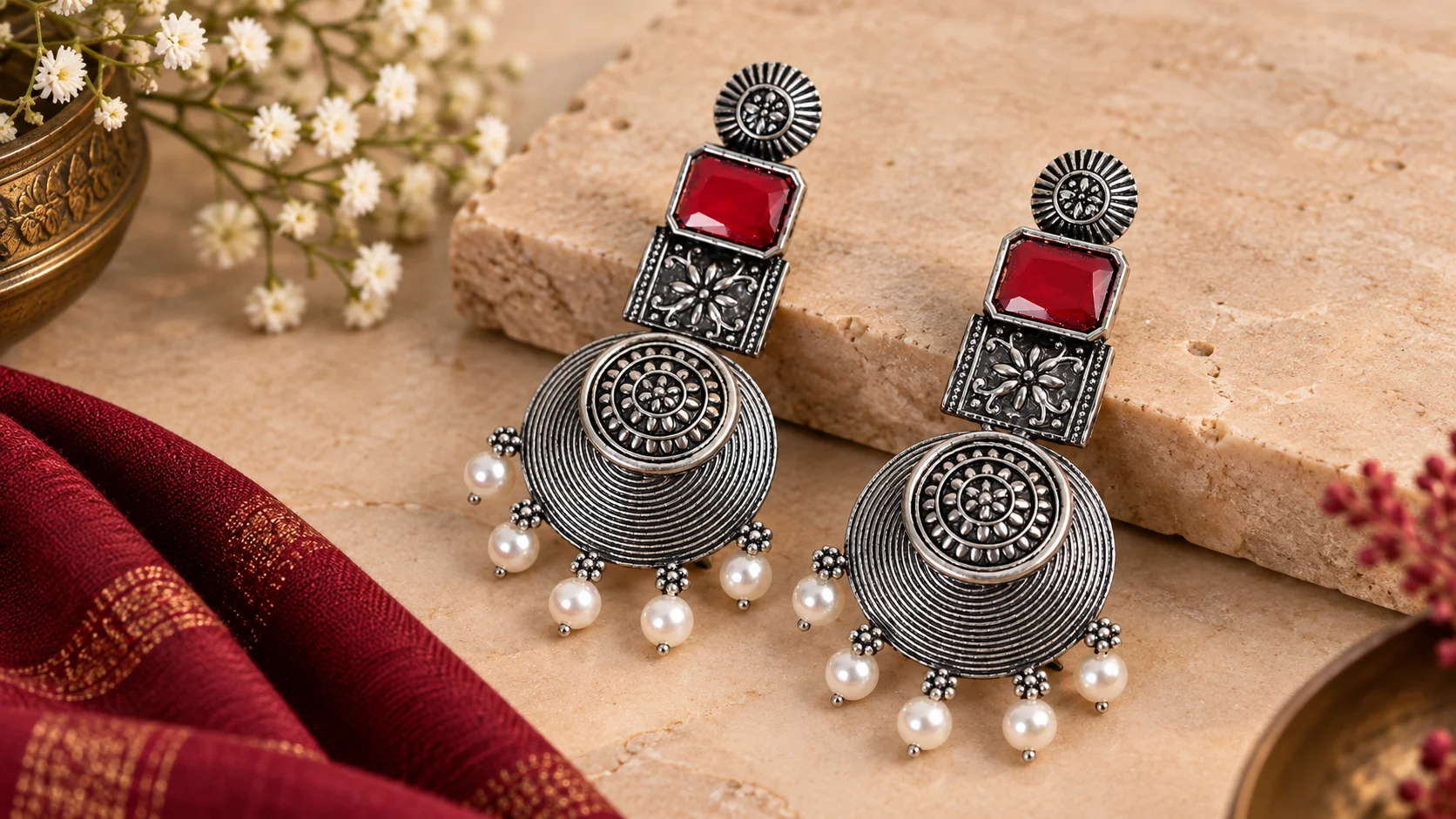 Ornate statement earrings with red accents and dangling pale beads styled for an ethnic jewellery inspiration guide.