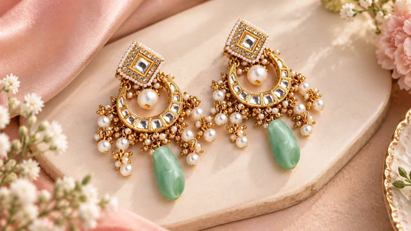 Ornate statement earrings with golden-tone detailing, pearl-like accents and green teardrop drops for statement earrings styling inspiration.