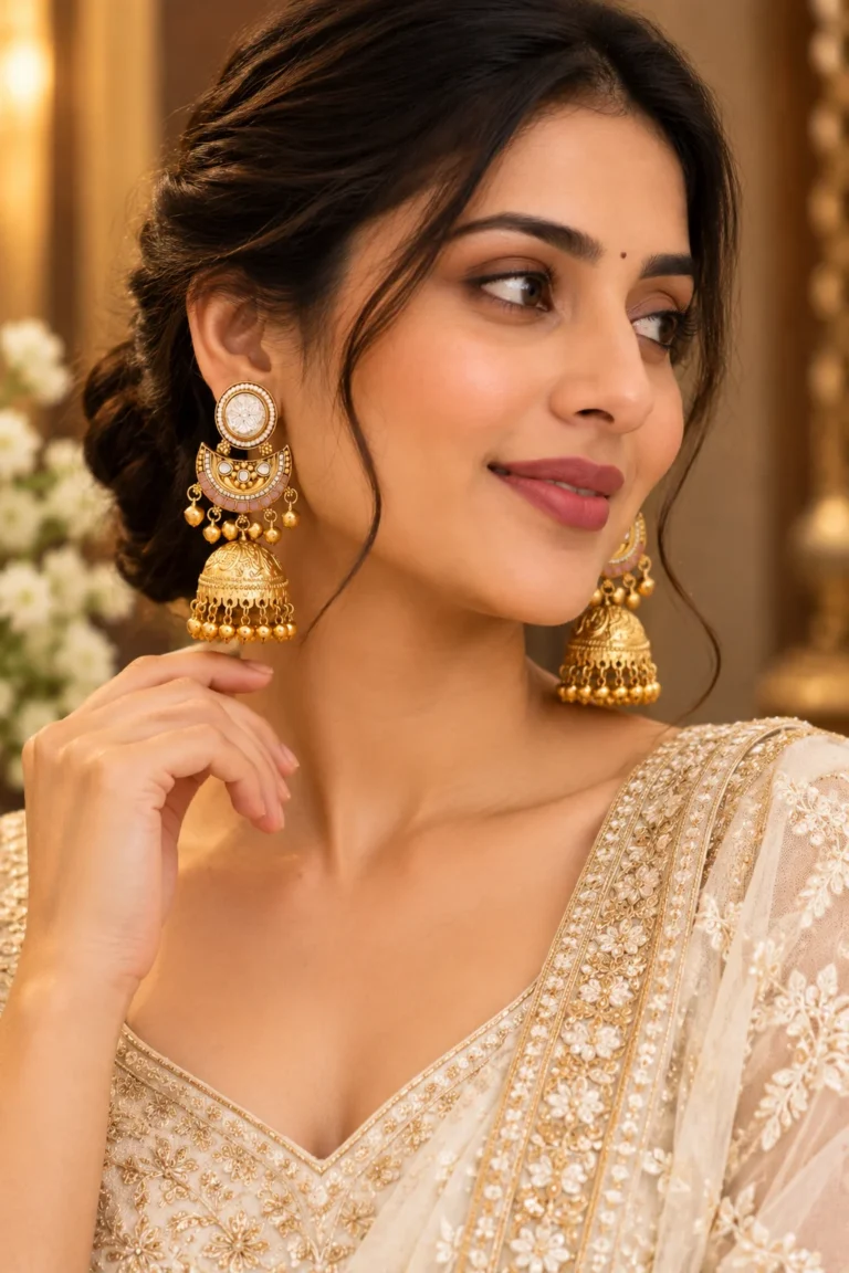 Statement jhumka earrings styled with an elegant ivory outfit and uncluttered neckline for jewellery styling inspiration.