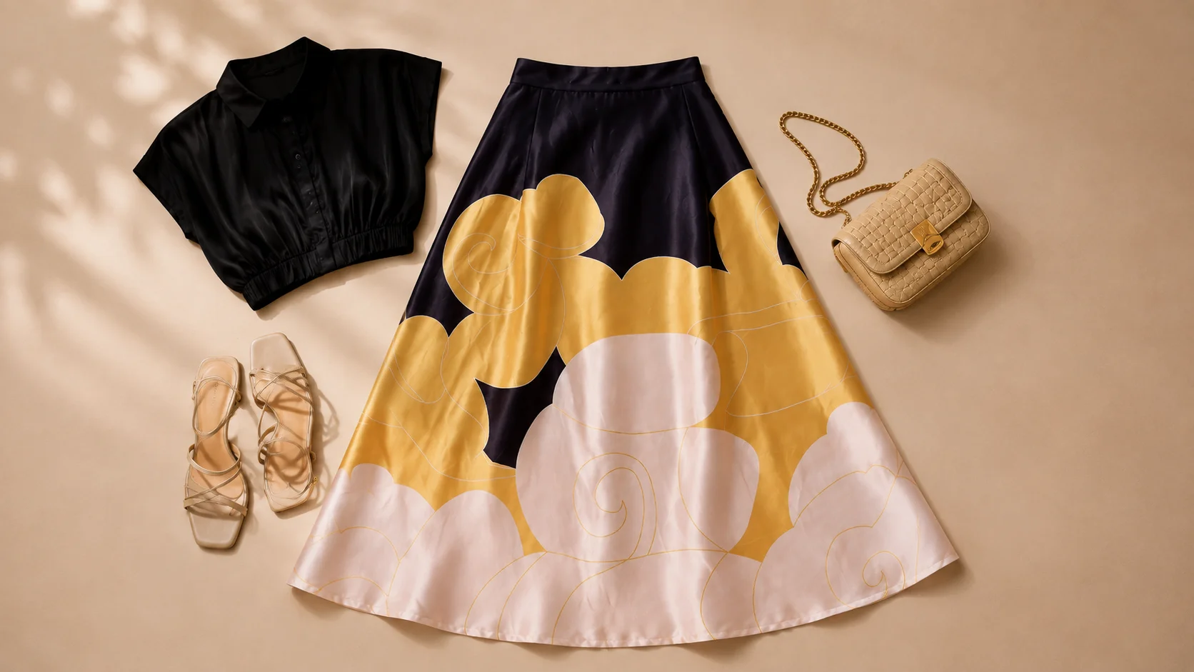 Abstract printed statement maxi skirt with a simple black top, neutral sandals and understated handbag arranged as incomplete styling inspiration.