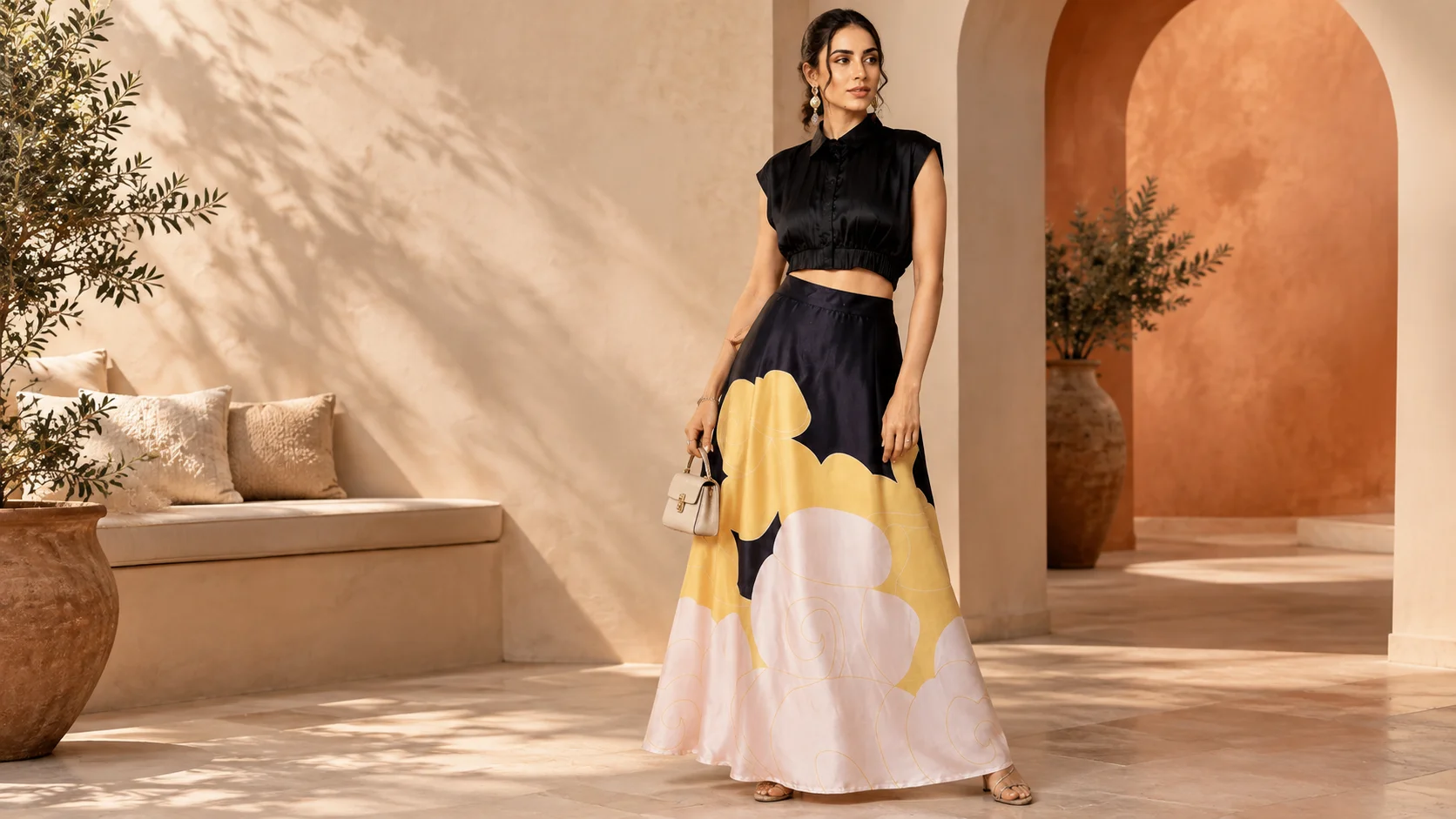 Woman wearing a black top with a bold abstract printed maxi skirt in black, golden yellow and soft blush for statement maxi skirt styling inspiration.