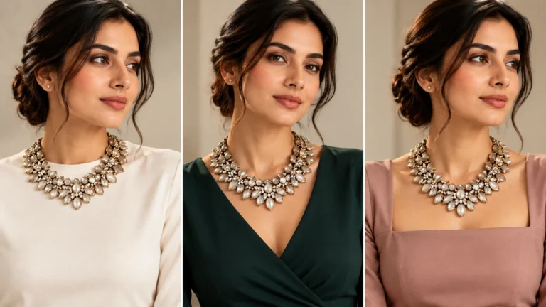 Statement necklace styling shown with clean crew, V-neck and square necklines to illustrate jewellery balance and visual space.