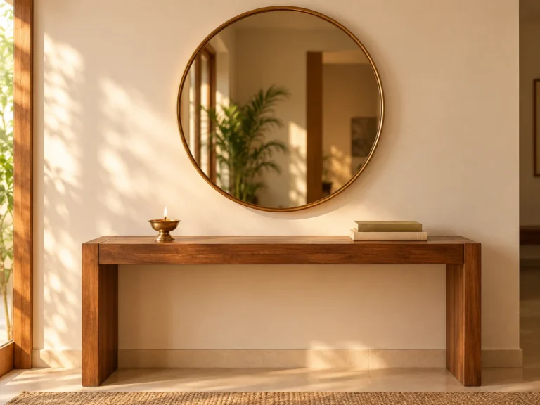Large round mirror hung above a console table at eye level, showing correct scale for festive statement wall decor