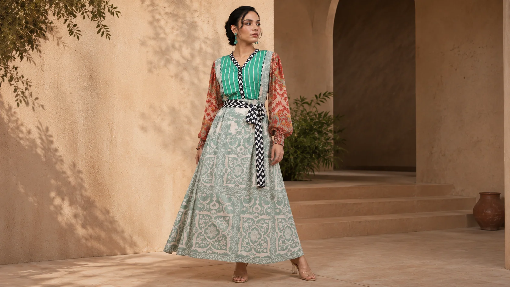Woman wearing a colourful statement printed dress with green bodice, contrasting patterned sleeves, defined waist and flowing mint patterned skirt.