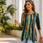 Colourful women’s statement tunic styled with simple light-wash jeans for an effortless everyday outfit
