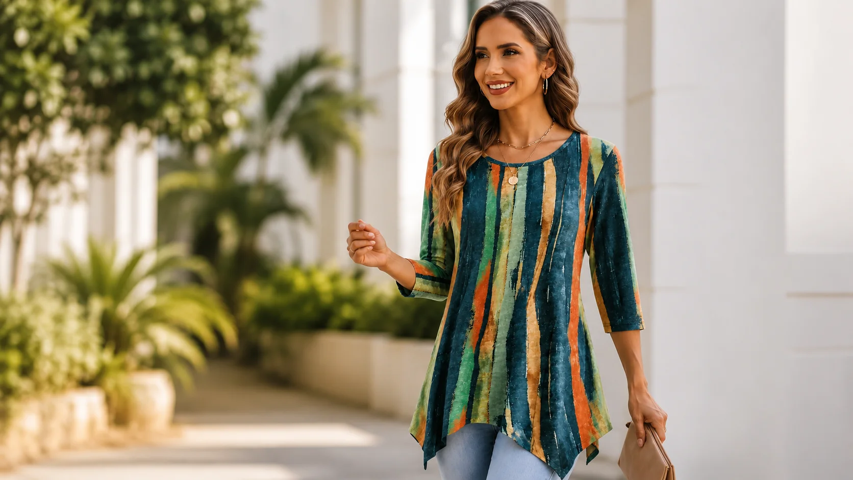 Colourful women’s statement tunic styled with simple light-wash jeans for an effortless everyday outfit