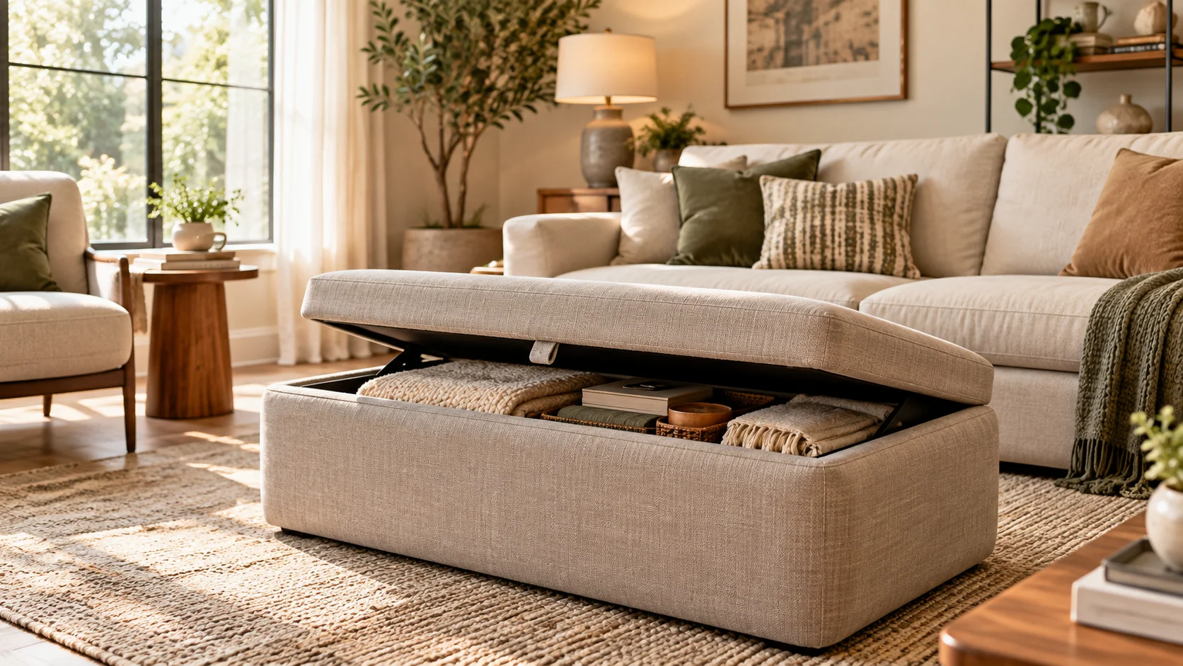 Storage ottomans for flexible living rooms with hidden storage, flexible seating and warm contemporary styling