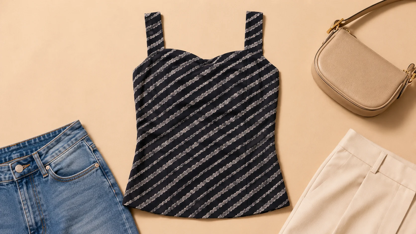 Dark striped sleeveless top with denim, neutral clothing and a simple accessory suggesting different styling possibilities.