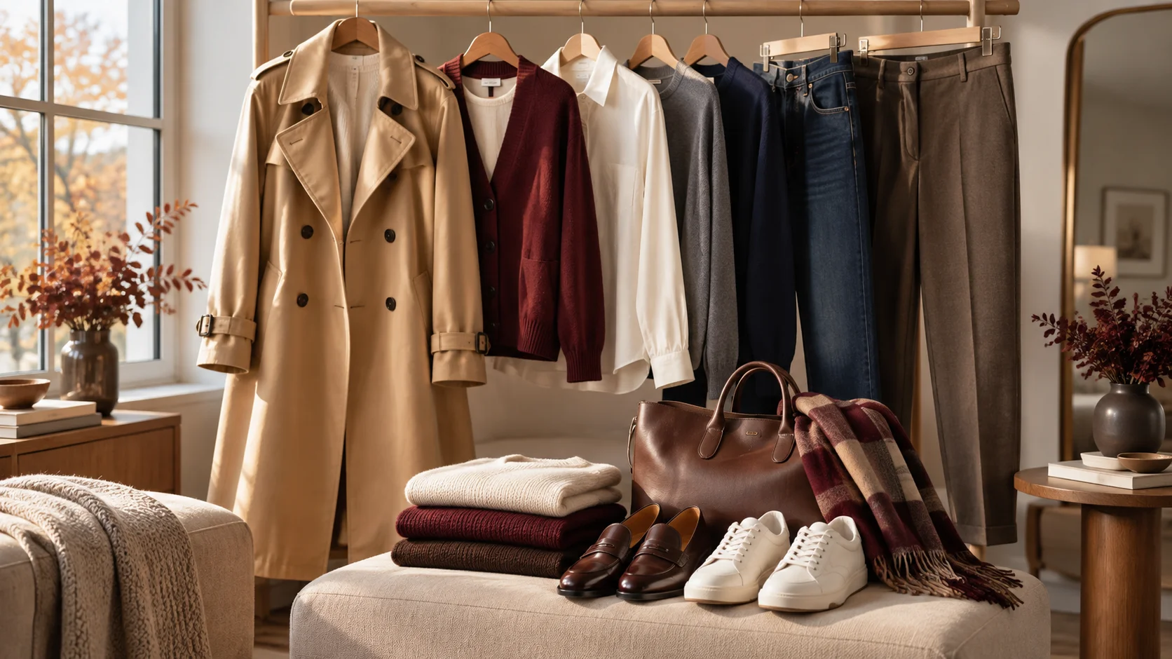 Stylish autumn capsule wardrobe with a trench coat, fine-gauge knit, crisp shirt, tailored trousers, denim and loafers arranged in a refined neutral autumn palette