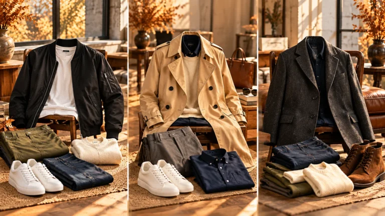 Men’s fall wardrobe showing three jacket roles with casual, transitional and polished styling foundations