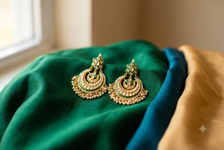 Gold-tone chandbali earrings with green enamel accents on emerald silk, showing tonal Navratri jewellery colour matching