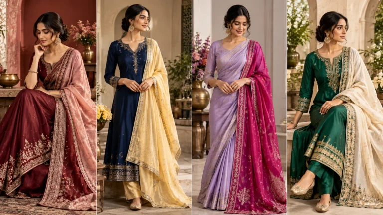 Colour pairings for traditional outfits showing burgundy rose, navy yellow, lavender raspberry and emerald ivory combinations