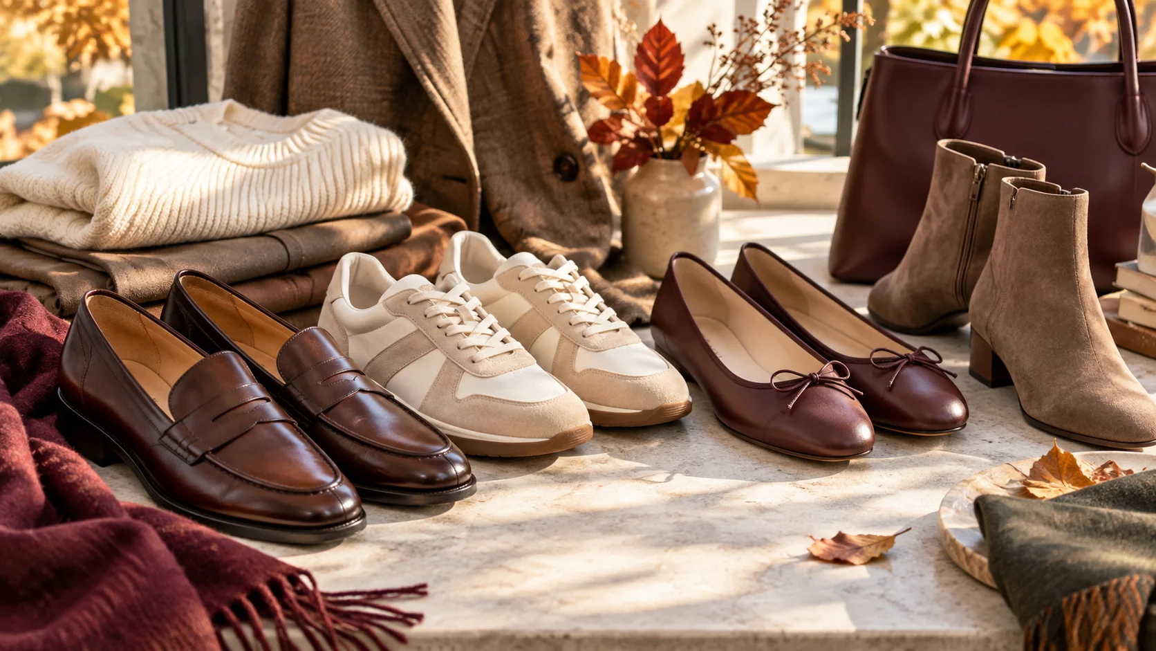 Transitional footwear ideas with loafers, trainers, flats and ankle boots styled for warm autumn days.
