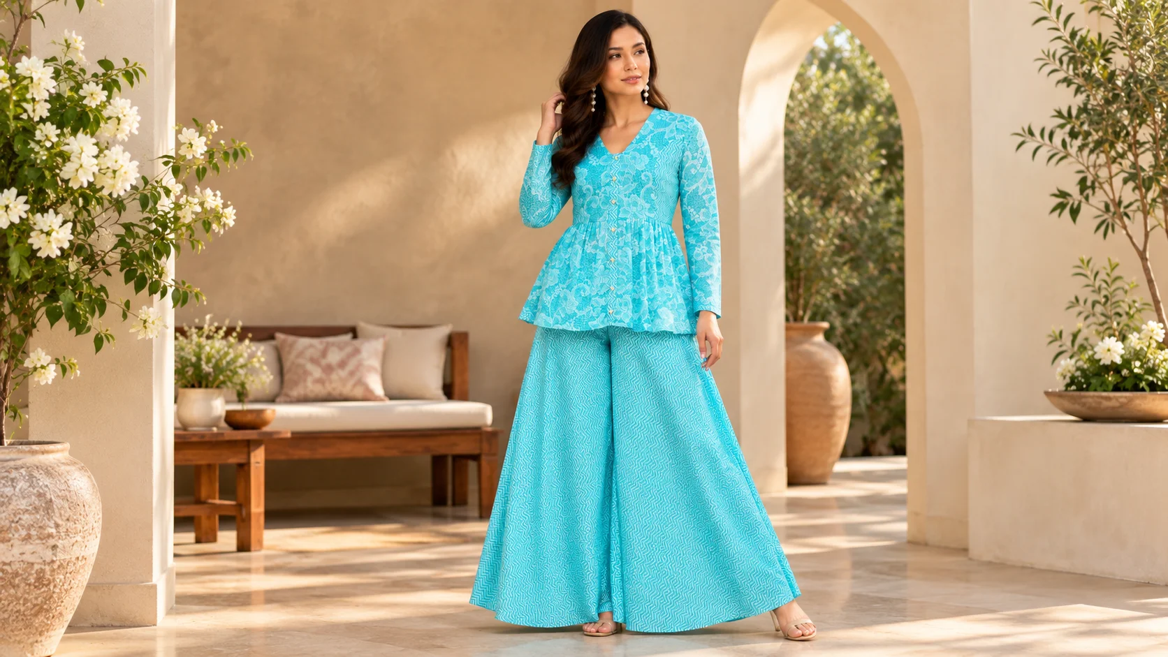 Turquoise co-ord set for women with patterned long-sleeved top and wide-leg palazzo trousers styled in a refined editorial setting.