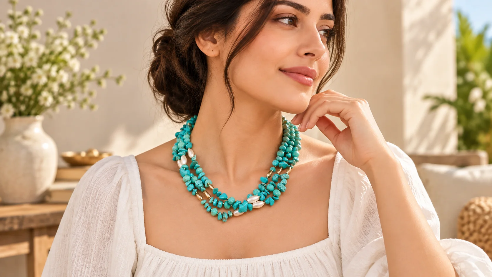 Turquoise statement necklace with layered blue-green pieces, light oval accents and gold-tone details styled for a women's jewellery editorial.