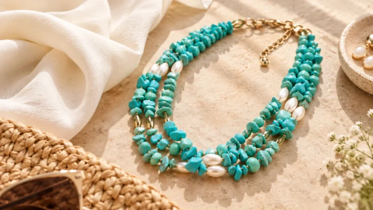 Turquoise statement necklace beside ivory fabric and restrained neutral styling accents for summer jewellery inspiration.