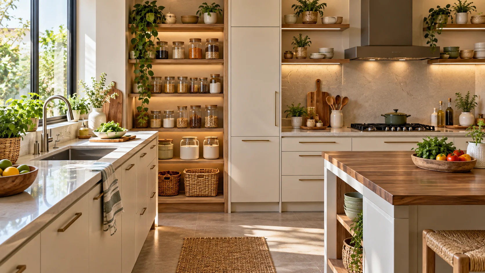 Vastu-inspired kitchen organisation in a bright modern kitchen with neatly arranged storage and clear worktops