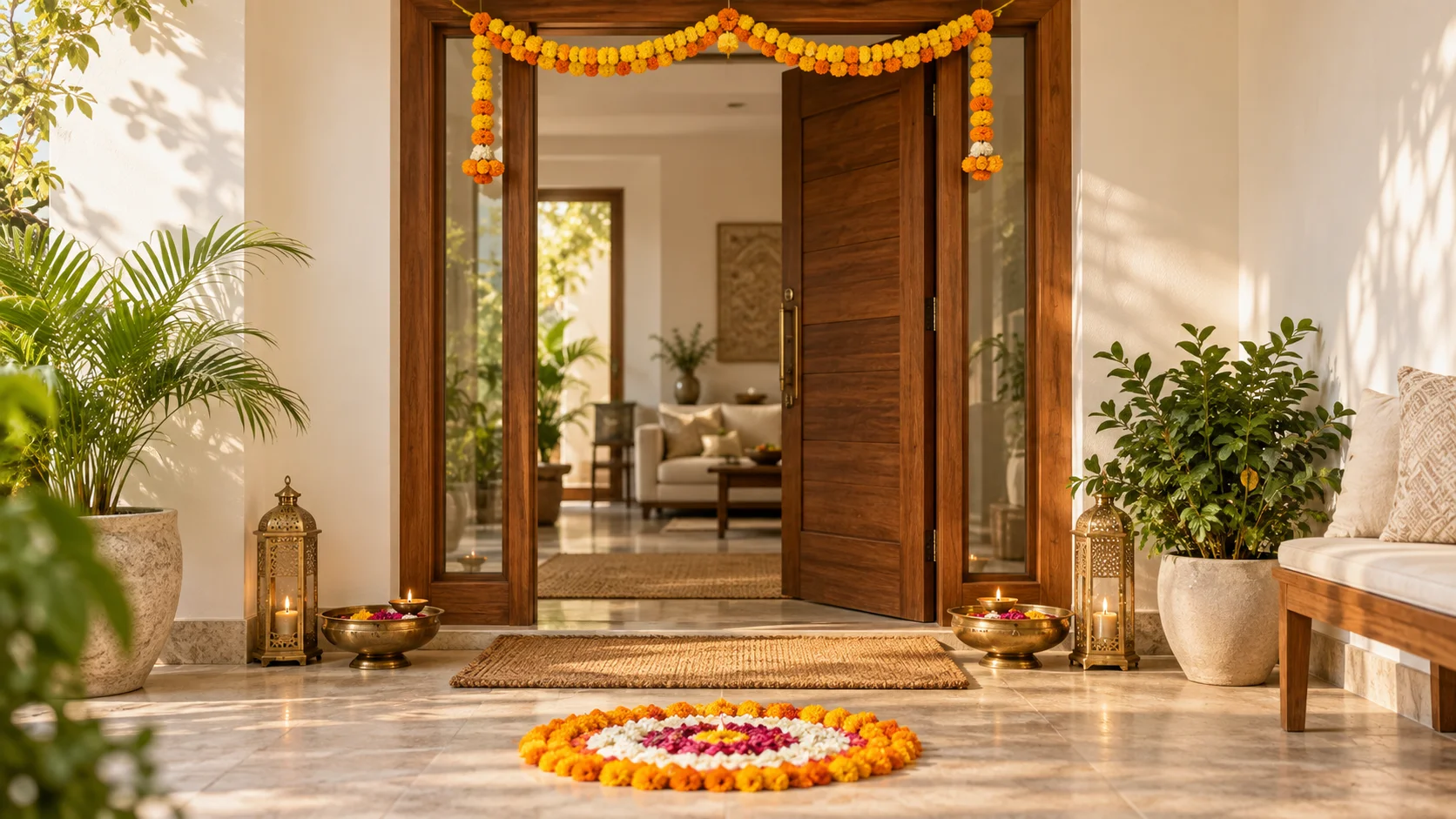 Vastu tips festive season — clean, well-lit home entrance with marigold toran and rangoli