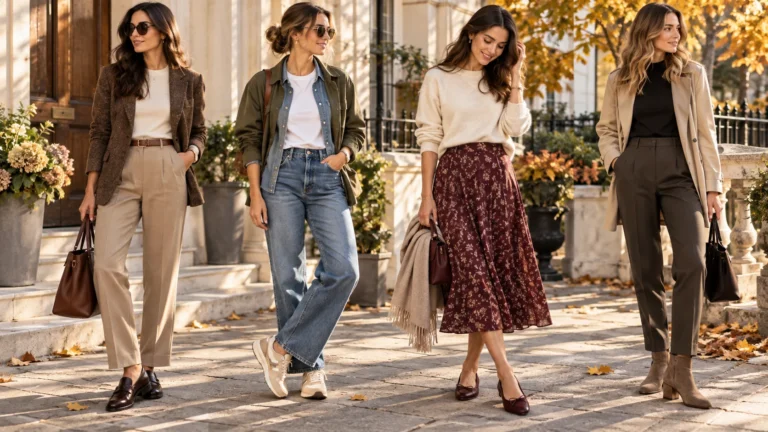 Warm autumn outfit combinations with ballet flats, loafers, trainers and lightweight ankle boots.