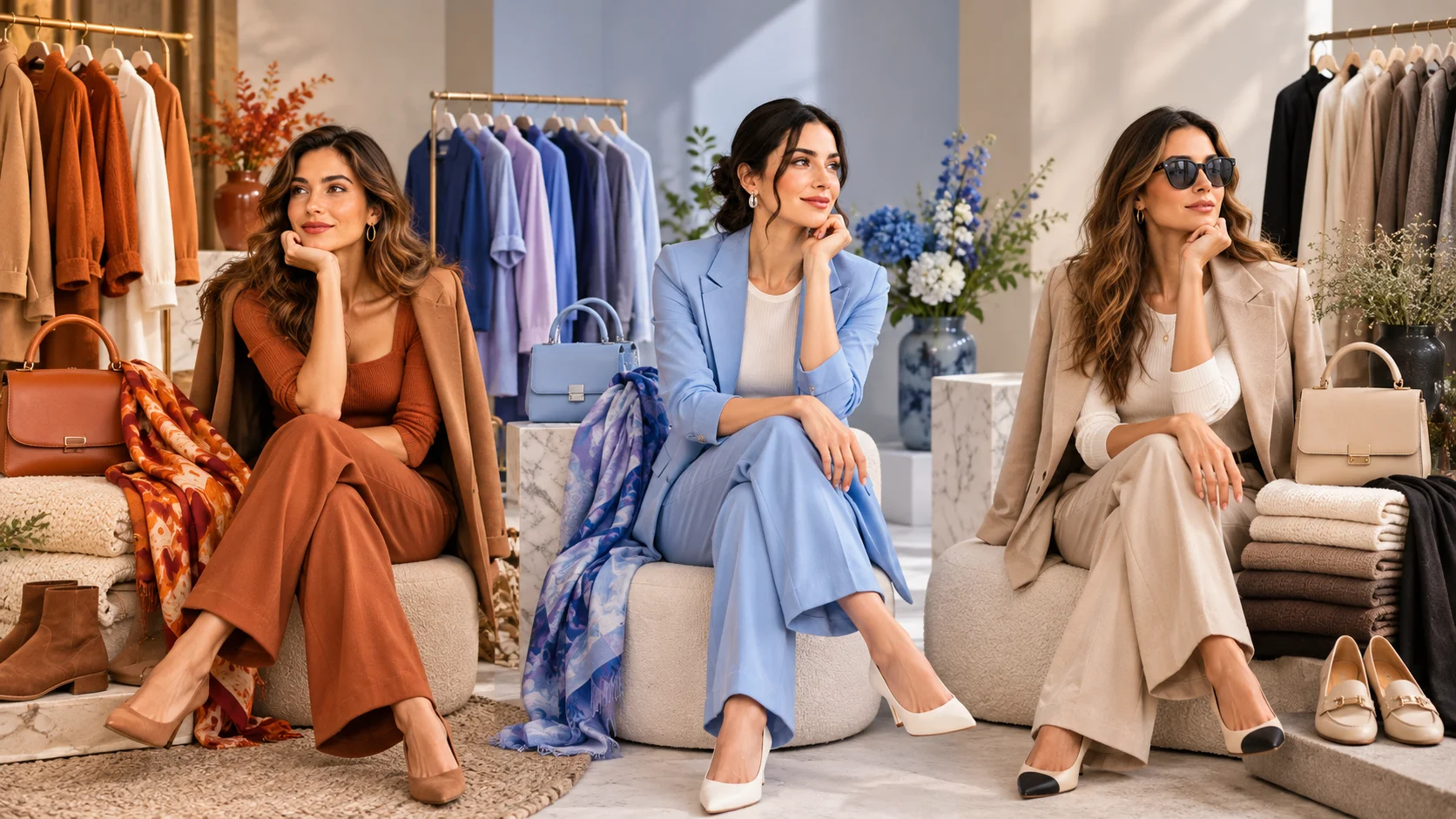 Women’s fashion styling guide showing warm, cool and neutral colour palettes through coordinated outfits and accessories.