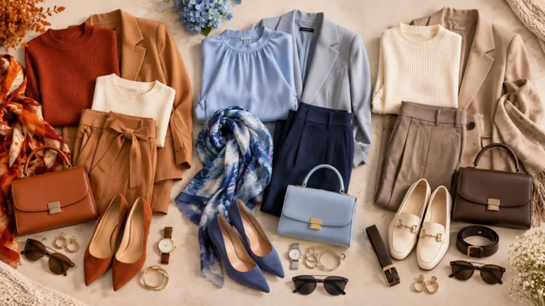 Three women’s wardrobe capsules showing coordinated warm, cool and neutral clothing and accessory combinations.