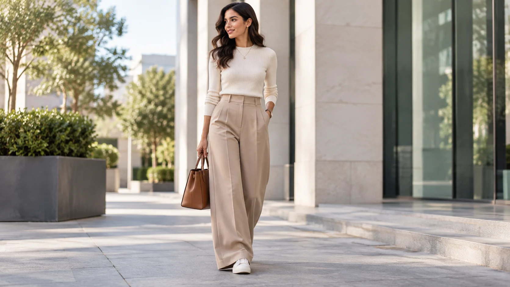 Woman demonstrating how to wear wide-leg trousers with balanced proportions and coordinated footwear.