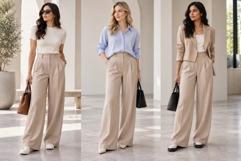 Three balanced ways to style tops with wide-leg trousers using different waist and top proportions.