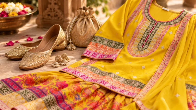 Yellow festive ethnic set with coordinated footwear and restrained accessory styling ideas.