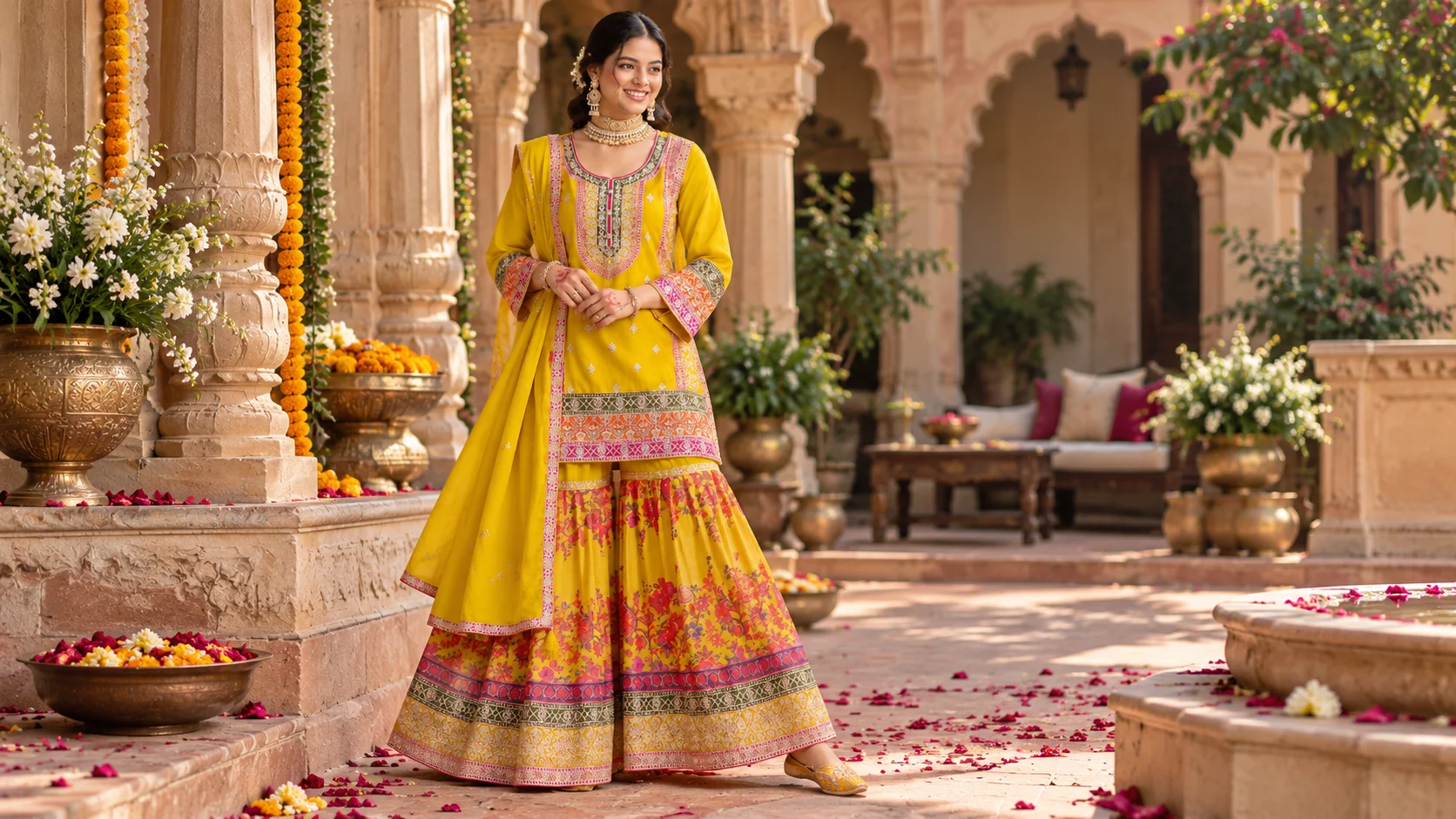 Yellow festive ethnic set styling with colourful decorative borders, floral details and coordinated traditional accessories.
