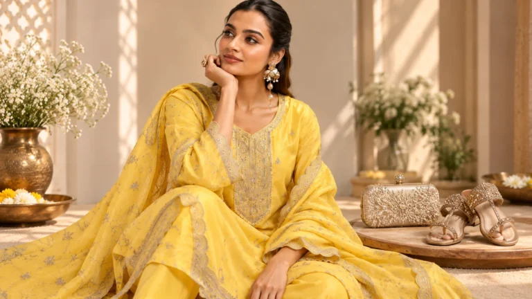 Yellow embroidered ethnic suit styling with statement earrings, a small clutch and embellished footwear.