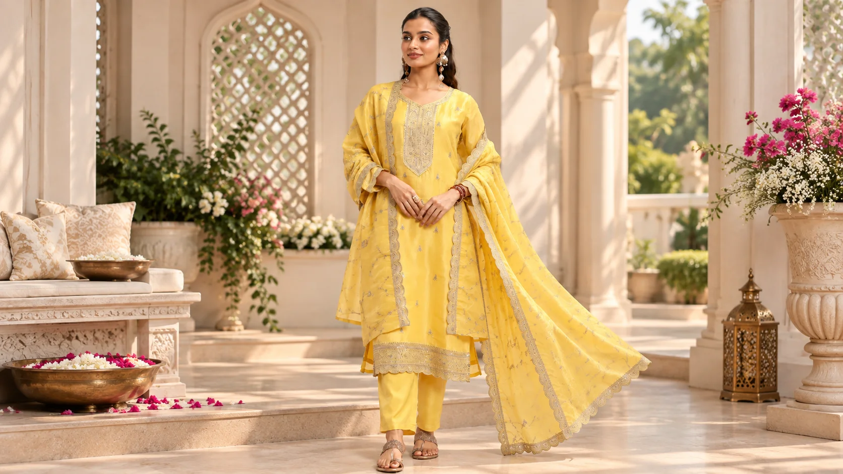 Yellow organza suit set with embroidered straight kurta, coordinating trousers and decorative dupatta styled for an elegant festive ethnic look.