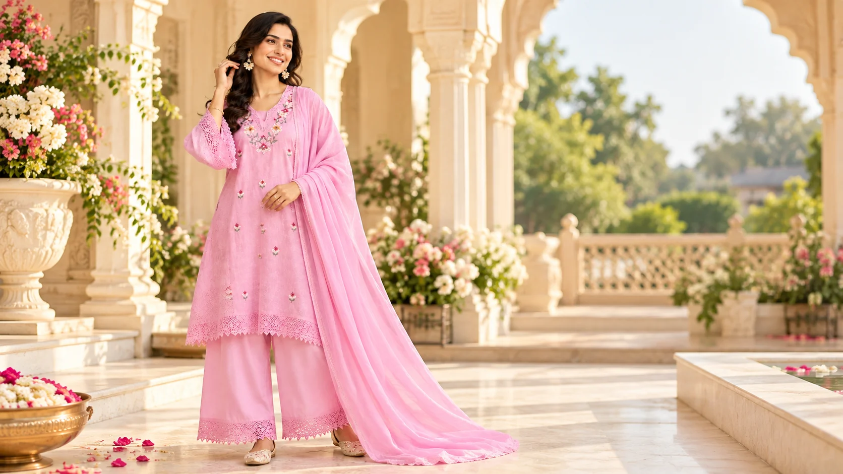 Embroidered kurta set styling with a pastel pink outfit and coordinated festive accessories.