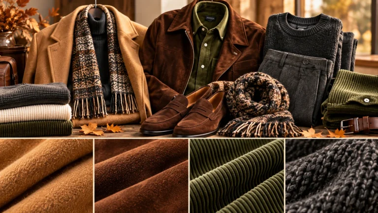 Fall texture styling for men showing wool, suede, corduroy and knitwear surfaces in camel, brown, olive and charcoal tones.