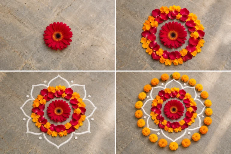 Four-stage view of a rangoli built from petals and rice flour, showing the centre flower, petal ring, white outline and marigold border