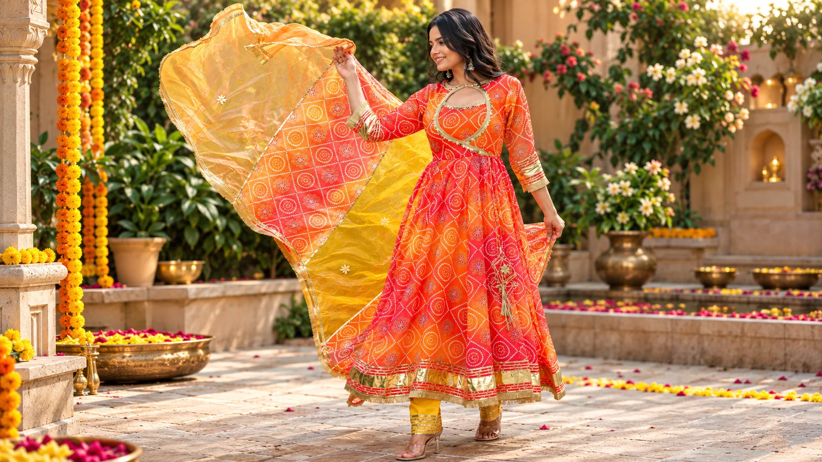 Bandhani Anarkali kurta set for women in vibrant orange-red with a flowing yellow dupatta, flared silhouette, traditional printed pattern and gold detailing styled for festive occasions.