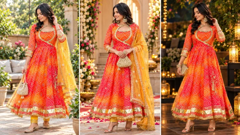 Three styling approaches for an orange-red Bandhani Anarkali kurta set showing daytime, wedding-guest and evening festive versions through different dupatta, Jewellery and footwear choices.