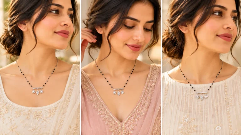 Black bead mangalsutra styled against rounded, V-shaped and higher necklines to demonstrate how neckline space affects necklace balance.