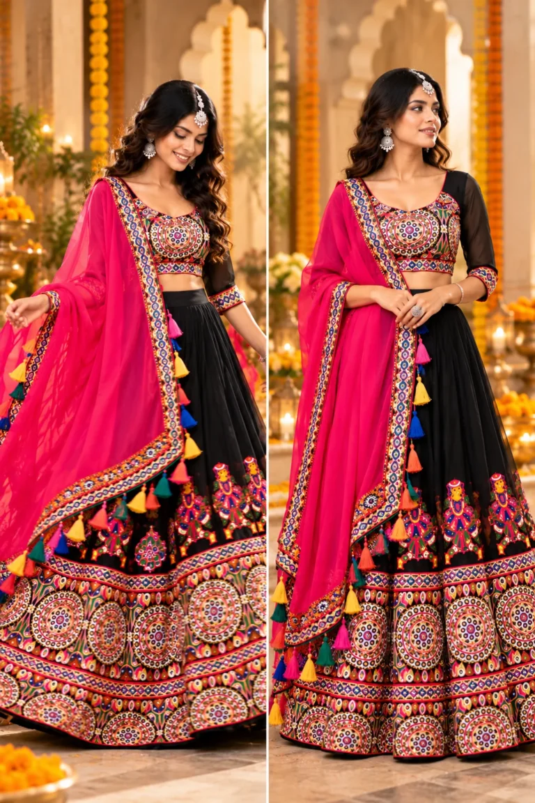 Black embroidered lehenga styled with a bright pink dupatta in two draping variations, showing a relaxed flowing arrangement and a neater shoulder drape for different festive occasions.