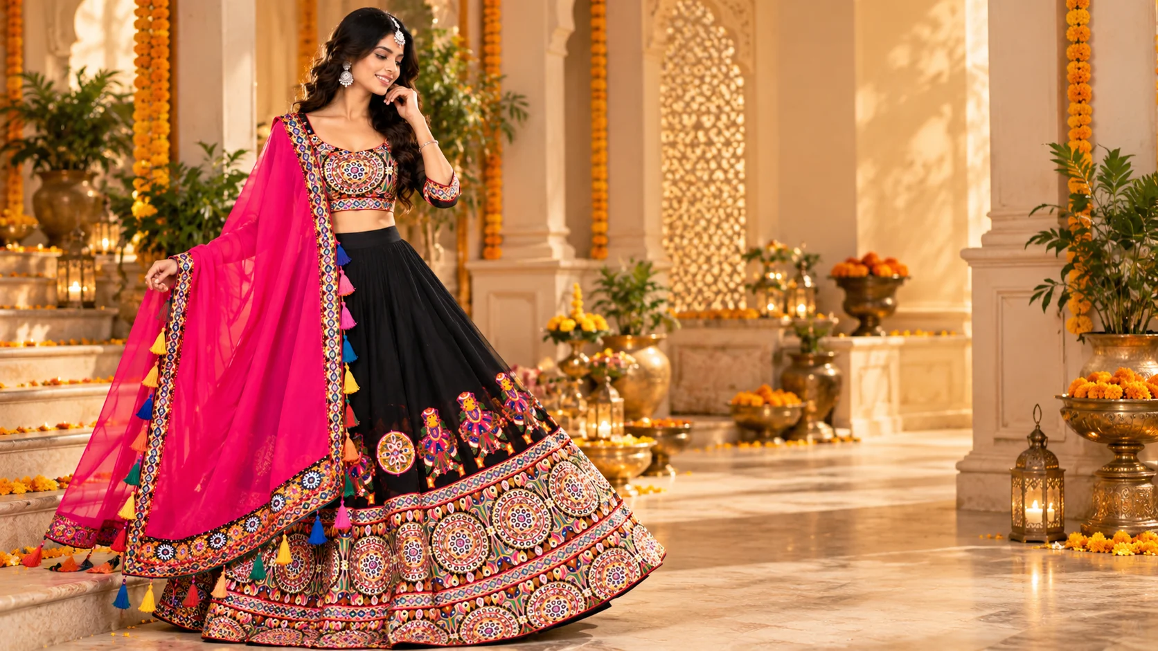 Black embroidered lehenga styling with a bright pink dupatta, detailed blouse and traditional Jewellery for a festive Indian wedding guest look.