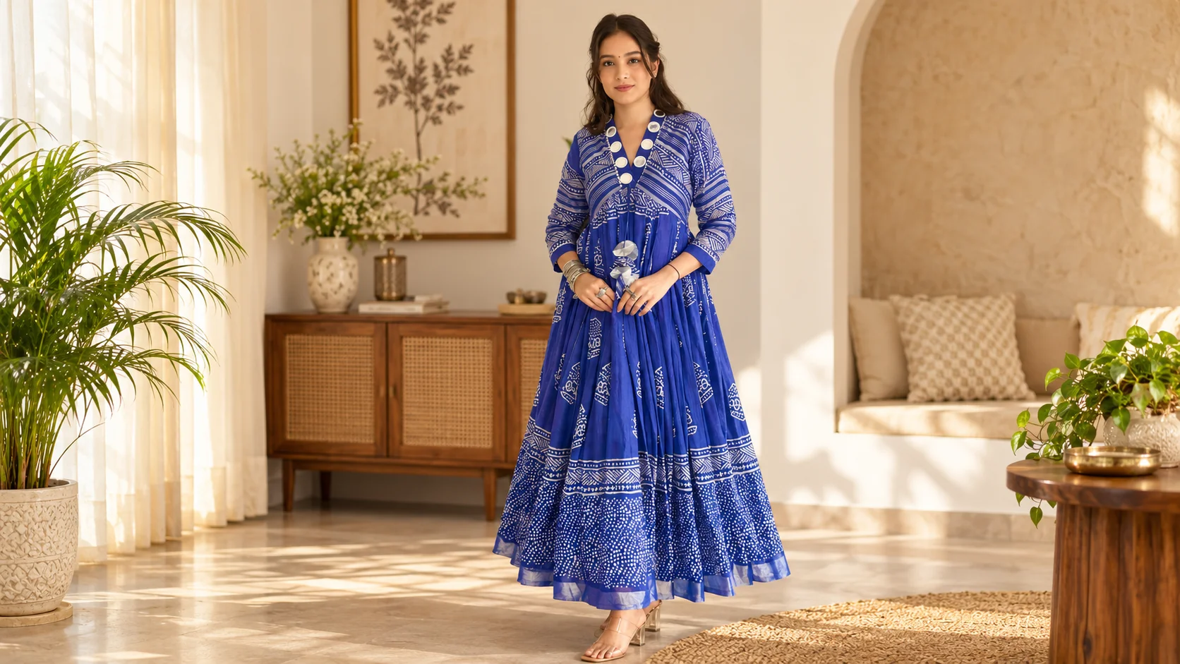 Blue ethnic midi dress with printed motifs styled with statement jewellery and neutral sandals for an elegant festive outfit.