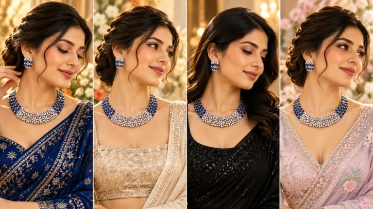 Blue necklace set styled with four outfit colour and neckline combinations including navy with an open neckline, ivory with a squared neckline, black with a scoop neckline and a soft pastel V-neck look.