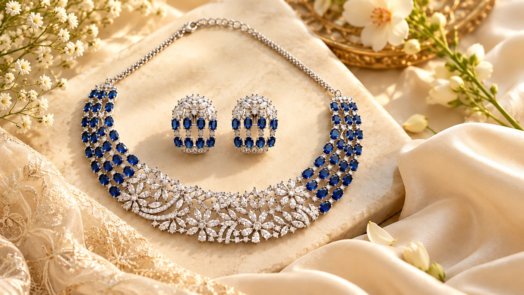 Blue necklace set with matching earrings styled on cream fabric, showing deep blue stones and floral-inspired detailing for elegant wedding and festive looks.