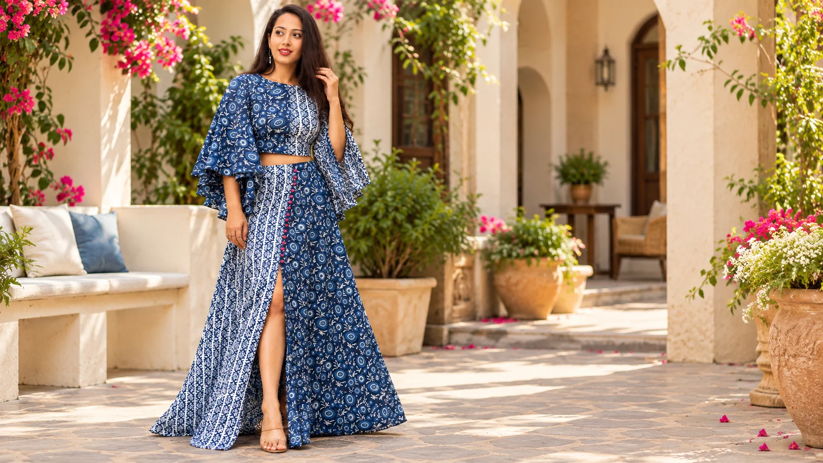 Blue printed co-ord set styling inspiration featuring a navy-and-white patterned cropped top with dramatic sleeves and a flowing matching skirt, styled for casual and festive occasions.
